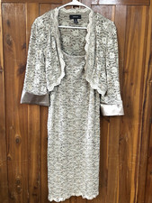 R M Richards Dress w Jacket Women Size 12 Tall Gold Sequin Floral Lace