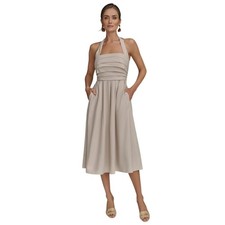 Donna Karan linen-blend square neck midi halter DRESS in Natural Size 14