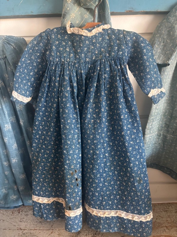 Antique Primitive Blue and  White Calico Fabric Rag Doll Dress with Two Buttons