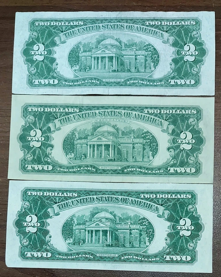Lot 3pcs,1928.1953.1963 Two Dollar Red Seal $2 Bill circulated,  random serial - Image 2 of 2