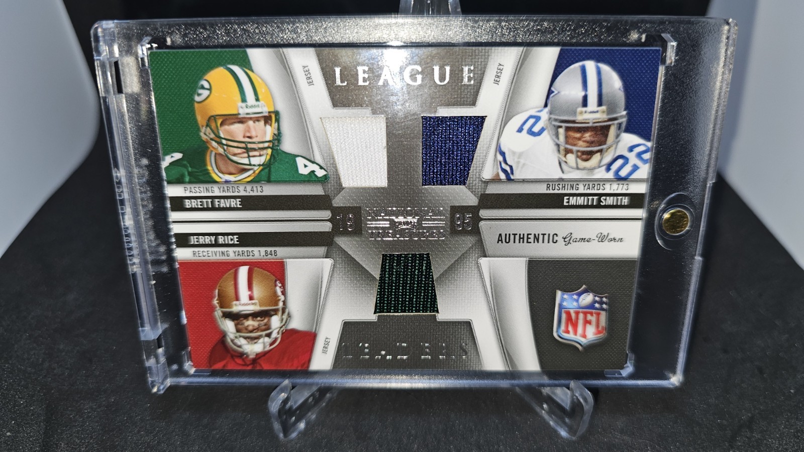 2009 (Error)Donruss National Treasures Jerry Rice/Favre/Emmitt #/99 Game Jerseys view 3