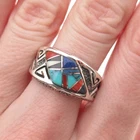 Gilbert Lee Navajo Old Pawn 925 Sterling Silver Vintage Multi-Gem Ring Size 9.5