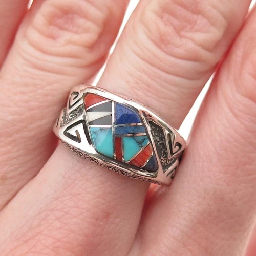 Gilbert Lee Navajo Old Pawn 925 Sterling Silver Vintage Multi-Gem Ring Size 9.5