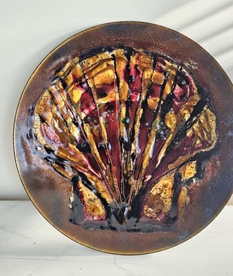 Vtg Dekor Zagreb Enameled Metal Wall Art Plate Shell Reds Black Yugoslavia 