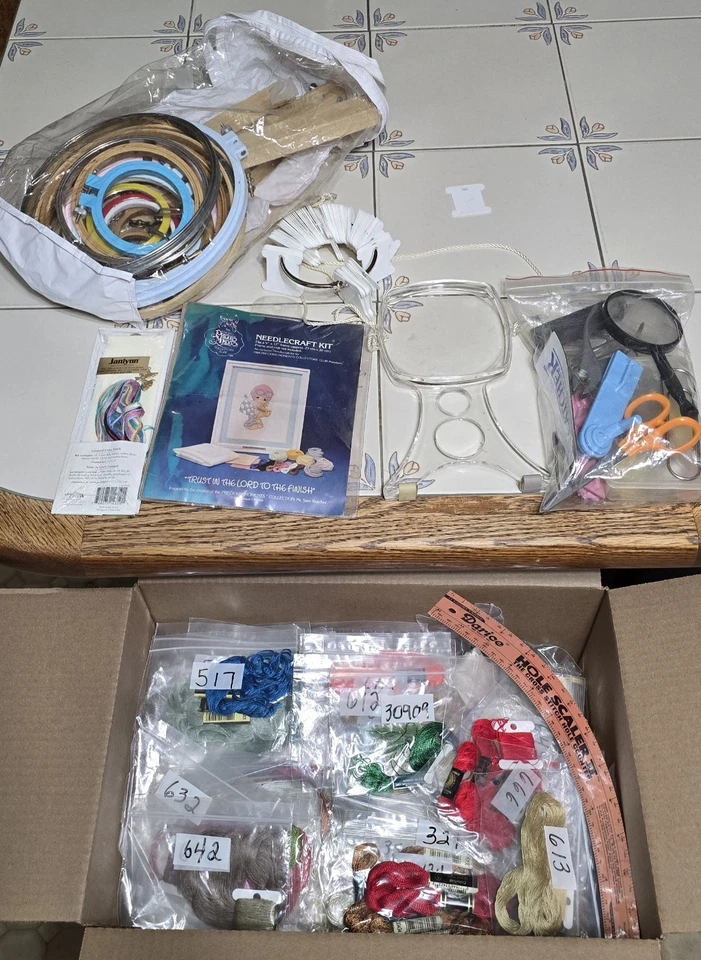 Huge Lot Cross Stitch! 200 Bags Skeins Thread Floss, Acc. Fabric Thimbles & More - Image 2 of 4