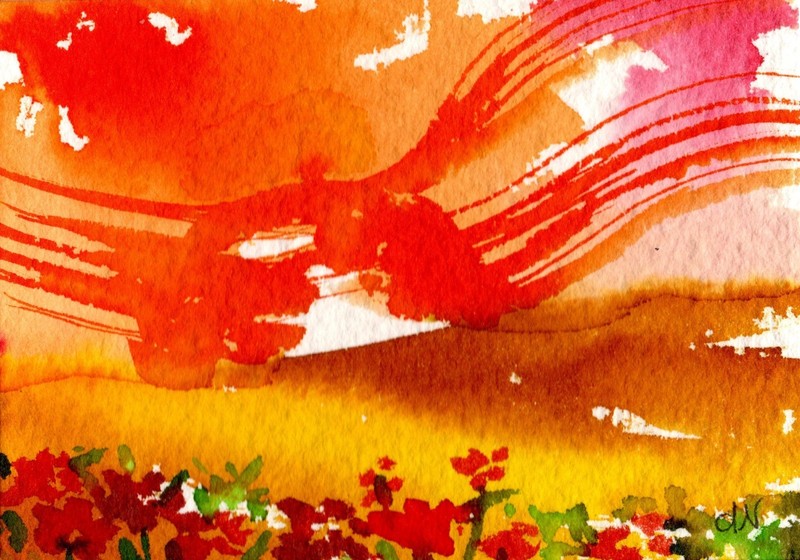 Original Watercolor ACEO - Abstract Landscape Colorful Sunrise Horizon Flowers