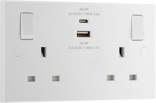 45W Double Switched Power Wall Plug Socket with Super Fast Charge Type a & C USB