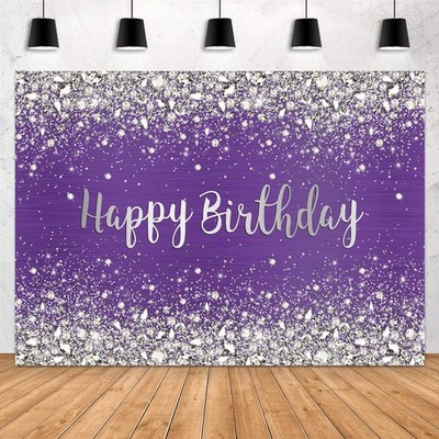 7x5ft Glitter Purple Diamonds Happy Birthday Backdrop Shinning Silver Bokeh D...