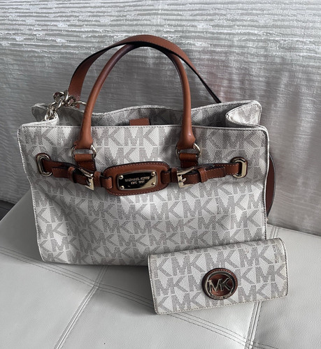 Michael Kors Ivory Brown Logo Print Canvas Leather Bag & Wallet Set