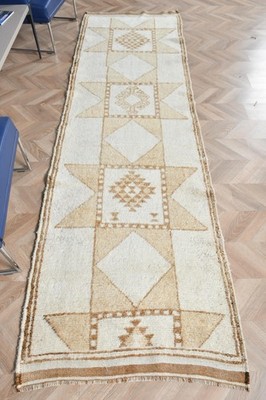 Turkish Rug, 3,1x10,8 ft Runner Vintage Rug, Herki White Brown Ombré Rug