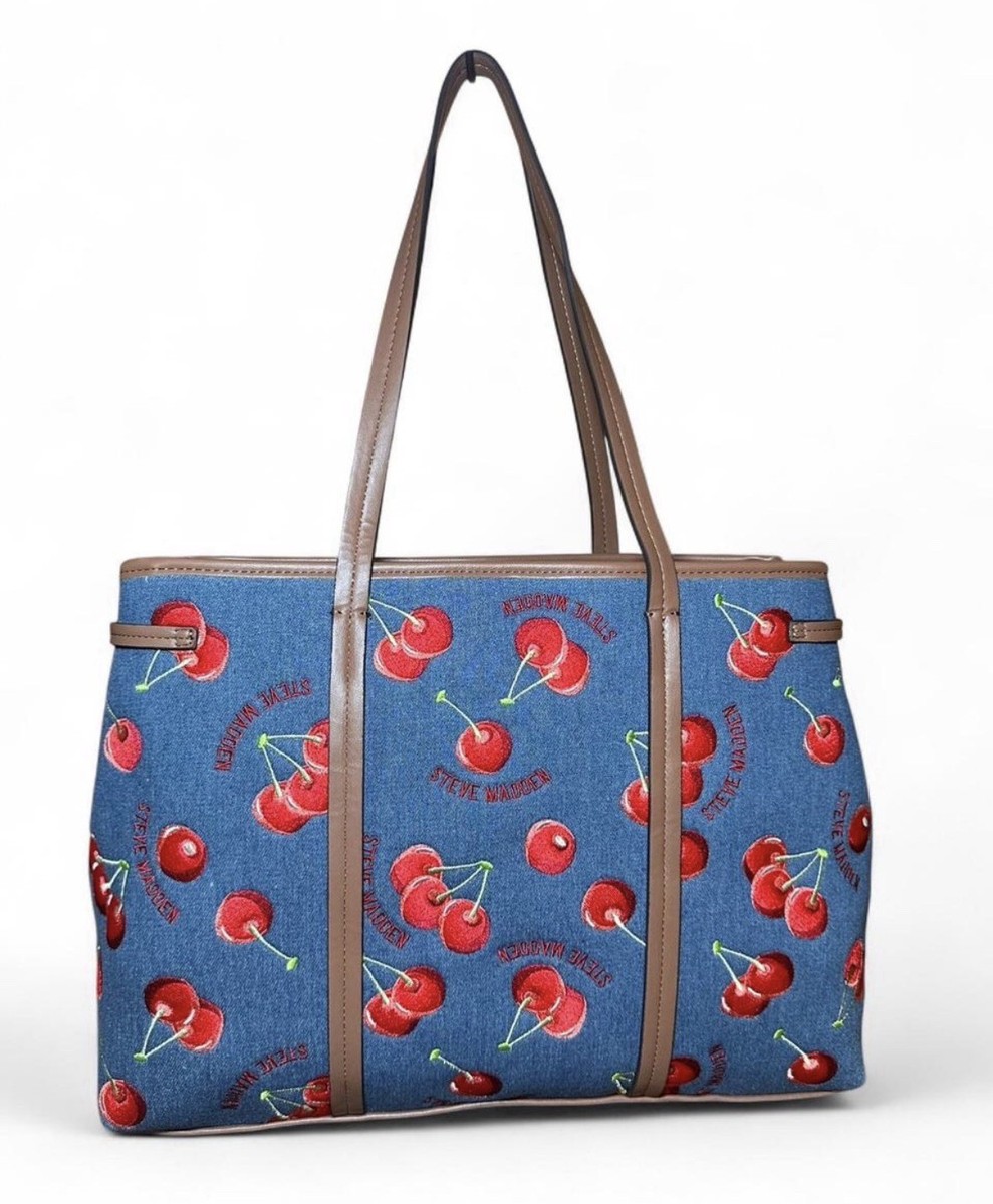 Steve Madden “Denim Banselin Satchel”, blue/brown/red, cherry