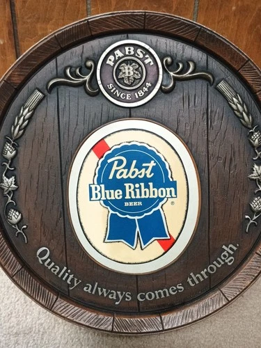 Vintage Pabst Blue Ribbon Beer Barrel End Keg PBR 16" Hanging Wall Sign Bar 3D