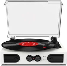 Vinyl Record Player with Built-in Speakers, Treble & Bass Adjust, 3-Speed Vin...