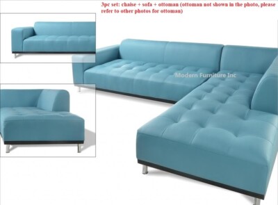 Modern contemporary blue Leather Sectional chaise Sofa ottoman 3pc set #1707