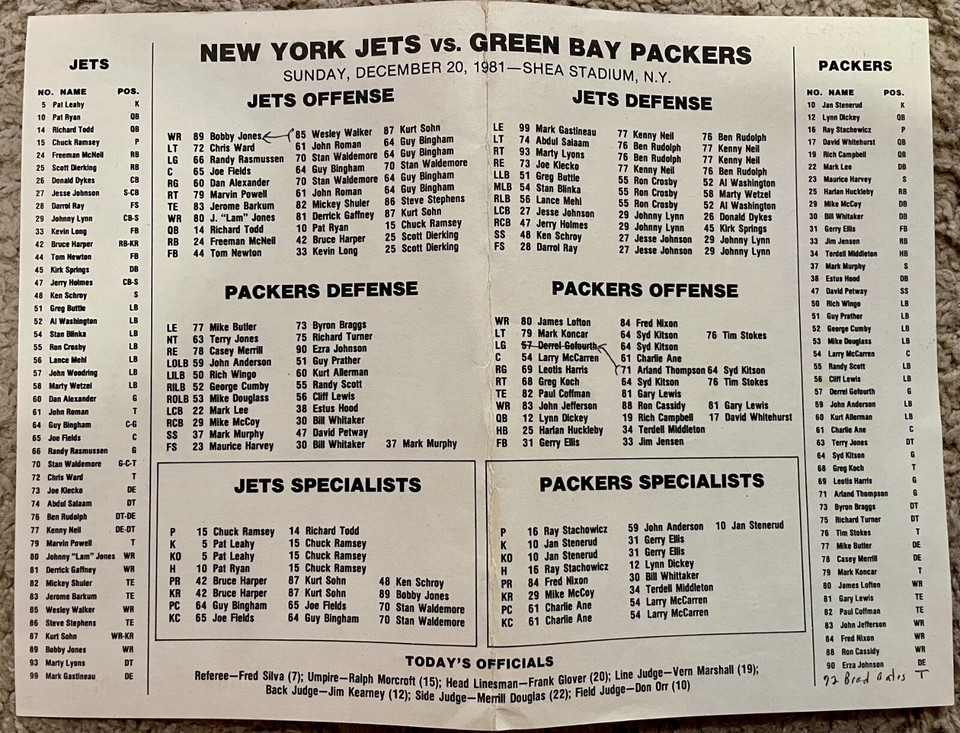RARE Media Press packet Shea Stadium 12/20/81 New York Jets vs Green