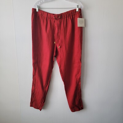 Ellen Tracy women 100% linen pant sz L elastic tie waist light weight Breathable