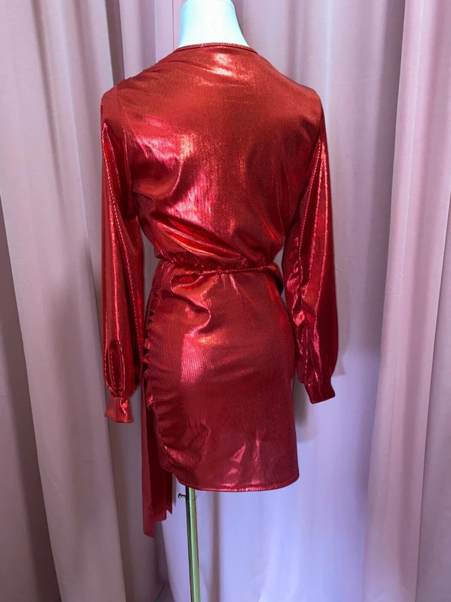 Vestito da donna elegante rosso tessuto effetto lucido abito da