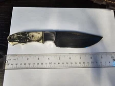 CFK Etched Skull Bone Hunting Knife w/ Leather Sheath Handmade Custom Full Tang