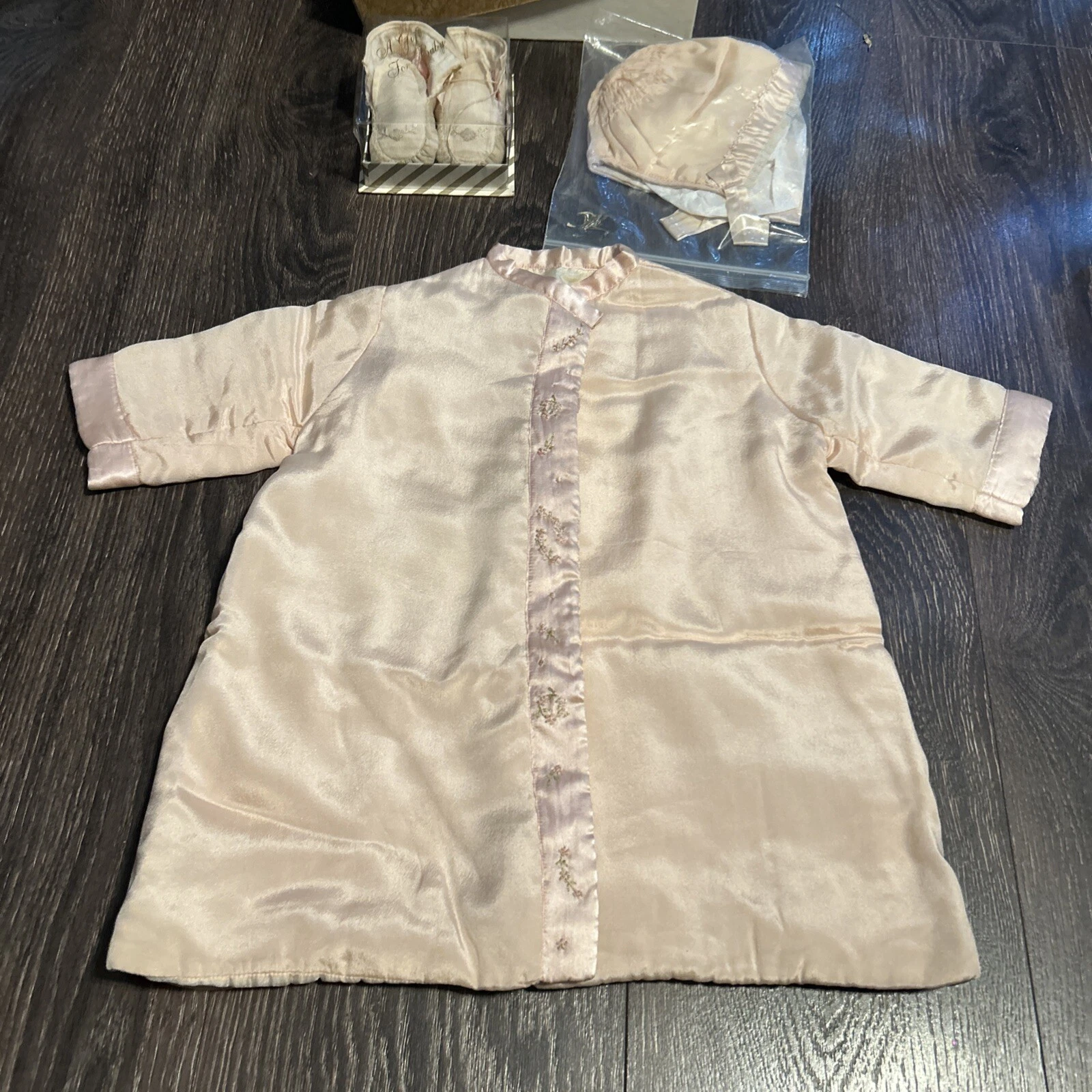 ADORABLE Vintage Baby Clothes 3 Piece Outfit Used Bonnet NEW NOS Shoes Pink