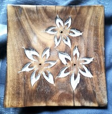 Square Incense Stick Wooden Rustic Ash Catcher For 3 Sticks With 3 Flower Decal
