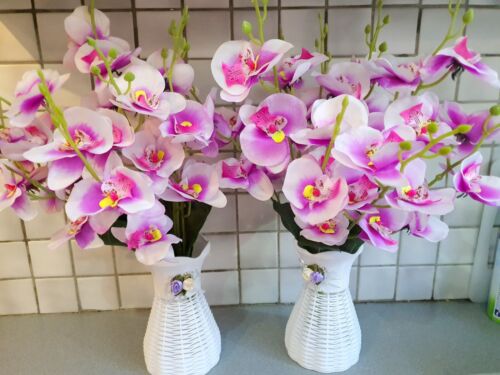 Pair of artificial large bunch purple orchid flower & vases Decorations - Afbeelding 1 van 9