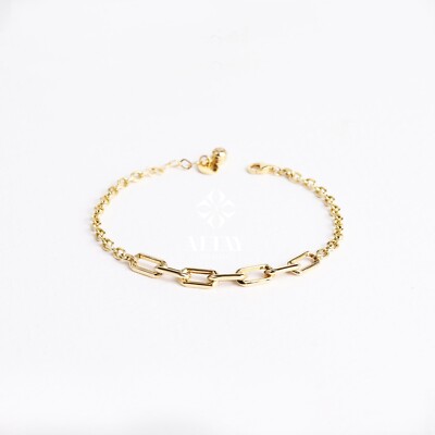 14K Gold Büroklammer Rolo Kette Armband, Rechteck Büroklammer Flach Oval Glied