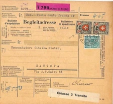 Switzerland PARCEL POST CARD 1935 Insured Mail Italy 2f {samwells-covers} BC3