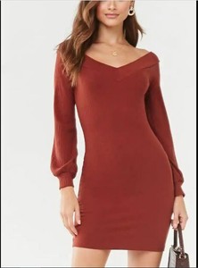 brown off the shoulder sweater dress