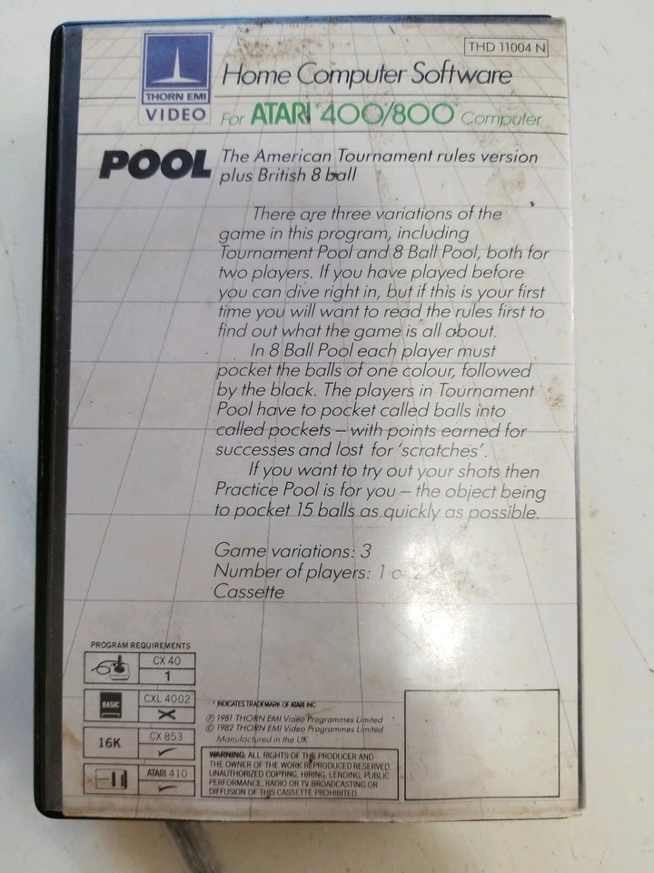De colección Atari 400/800 PISCINA Cassette Hogar Computadora Sortware (Thorn EMI Video)  Foto 3 de 4