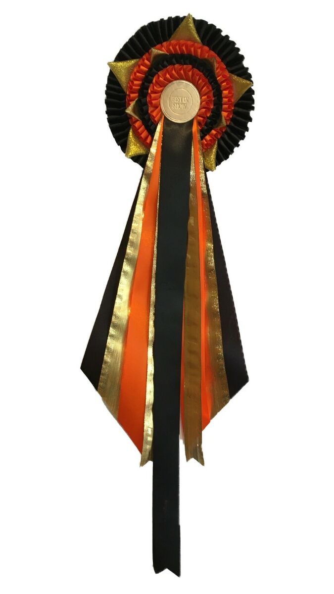 2-tier Gold & Black Rosettes Choice of Metal Centres Ribbon 