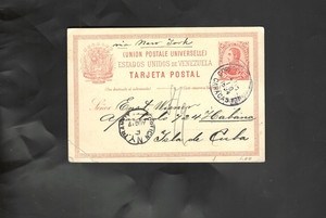 VENEZUELA-1894-POSTAL CARD-10 C RATE--VIA  NEW YORK--U-F-#66
