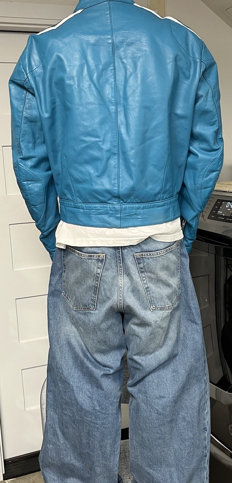 70s blue striped Lewis Leathers Aviakit One Piece Racing Suit. Made in England.