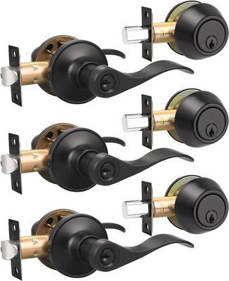 3-Pack Matte Black Door Lockset with Keyed Alike Deadbolt - Modern Security