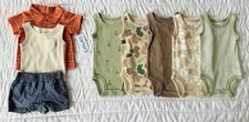 NEW Boys Newborn Sets - 5 Bodysuits  3-Piece Outfit Shorts Polo Tan Green Blue