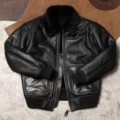 Men s Bomber Jacket Genuine Leather Fur Retro Warm Black Coat Style