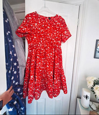 Red & White Floral Smock Dress