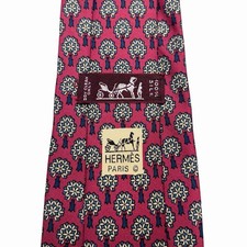 Hermes Men's Tie Floral Trees Red Khaki Silk 7544 SA 3.25" W x 58.5" L euc