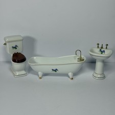 Vintage Dollhouse Miniature 1:12 Floral Porcelain Bathroom Set Tub, Toilet, Sink