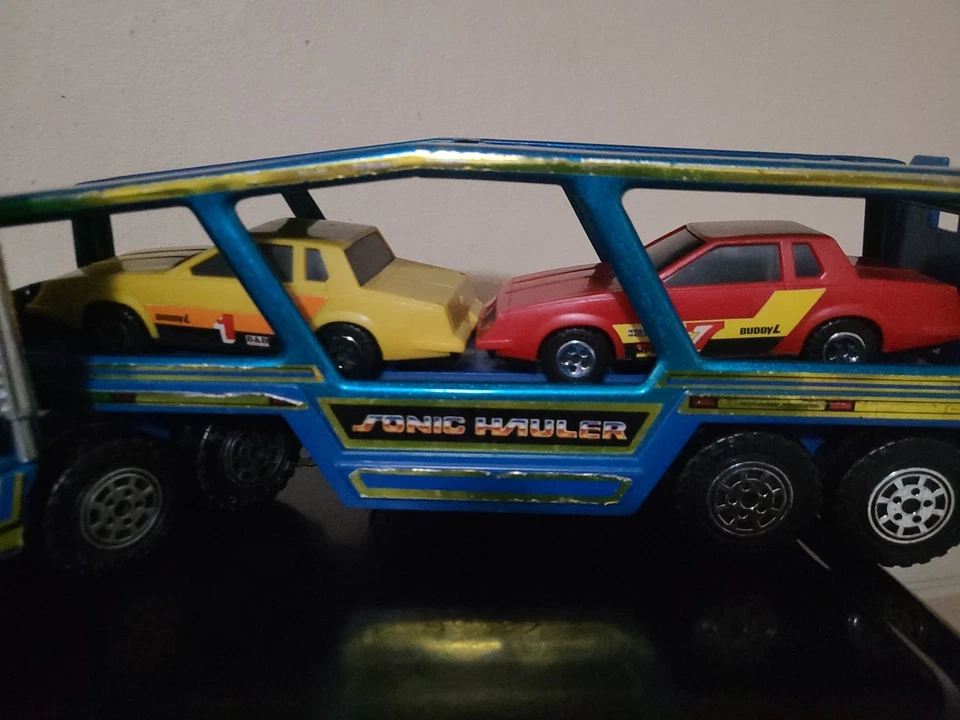 Transportador Buddy L # Auto 1992 vintage con 2 coches rojo/amarillo con sonido. Foto 3 de 4