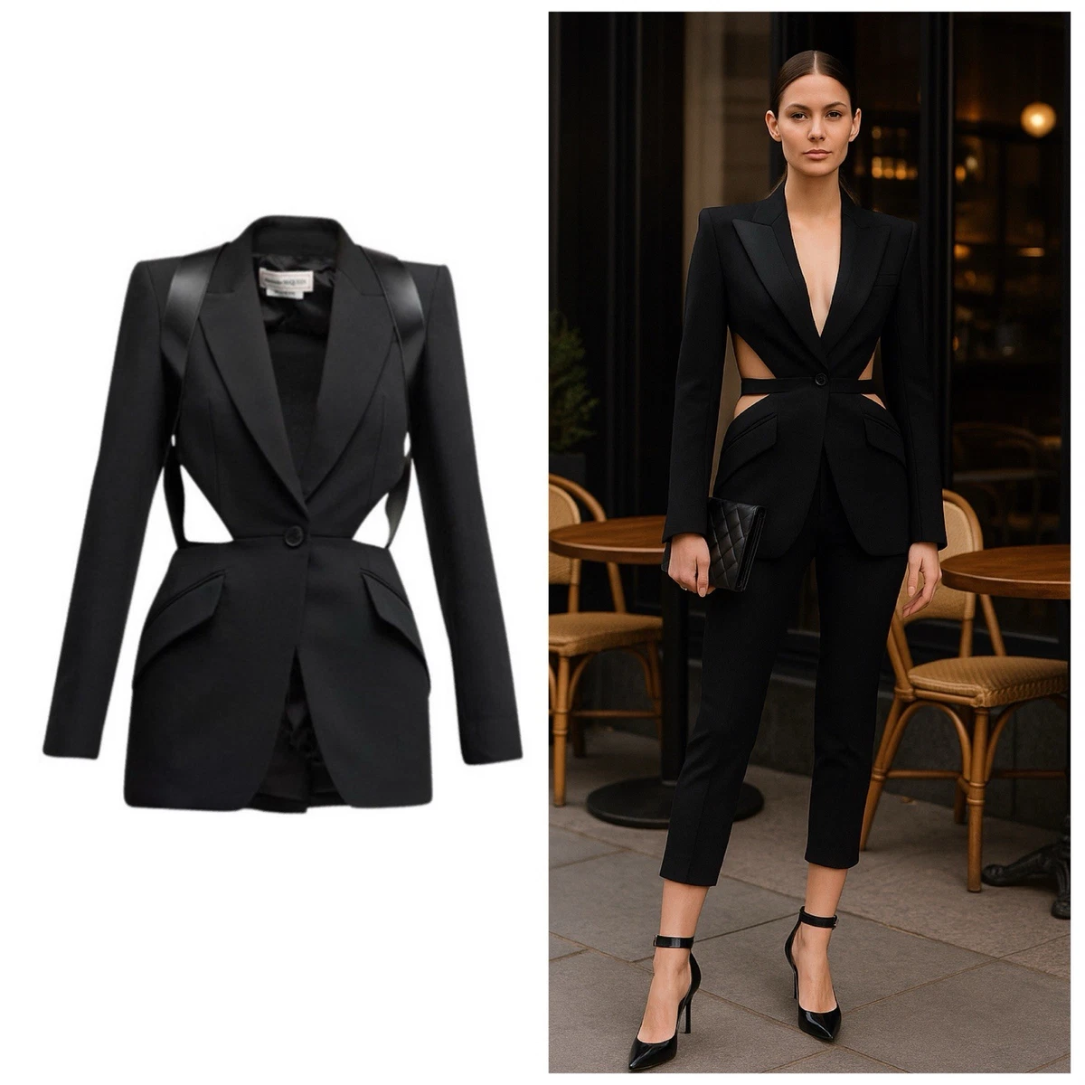 Costume Tailleur Vintage Alexander McQueen Rayé Bleu Et Noir - Taille IT42