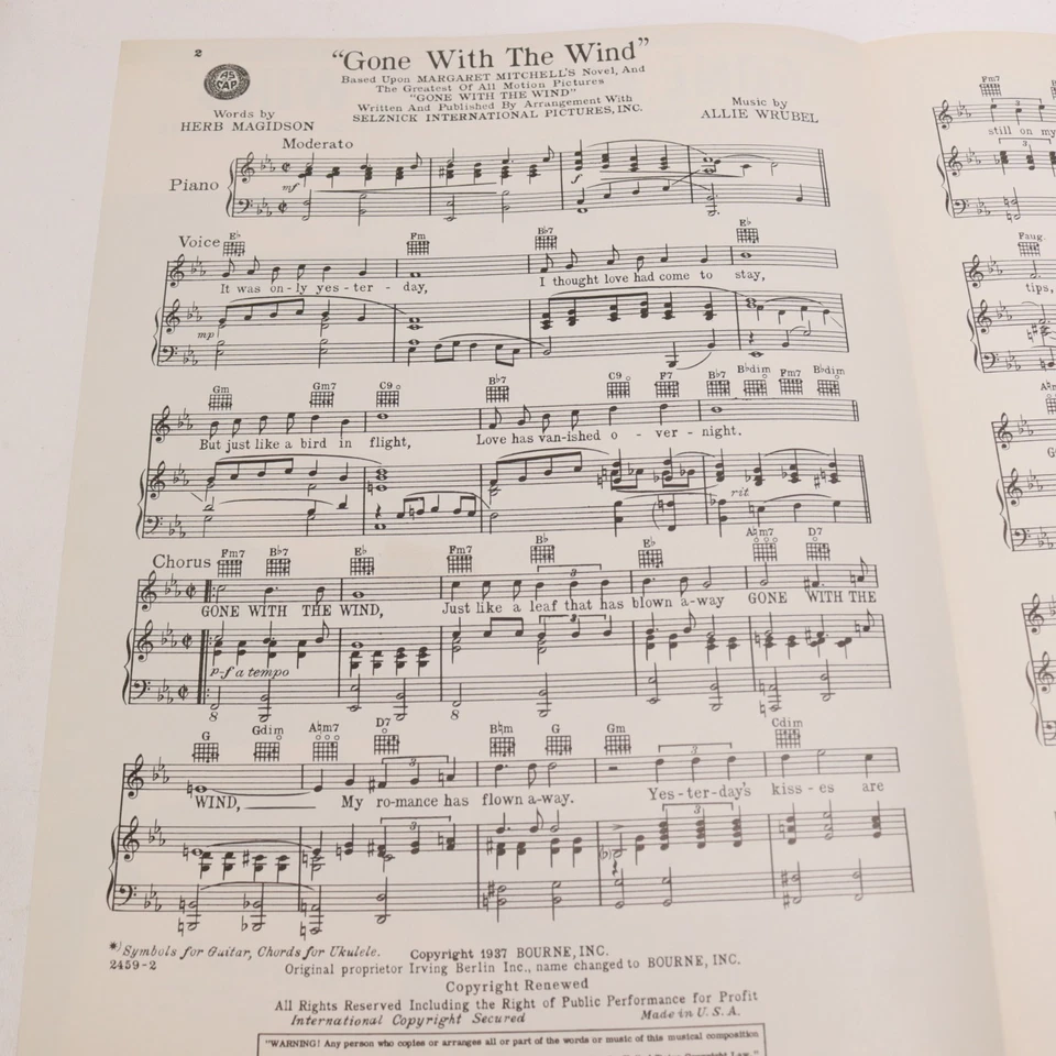 Partituras de voz de piano de película Allie Wrubel Lo que el viento se llevó 1937 Bourne Music Foto 3 de 4