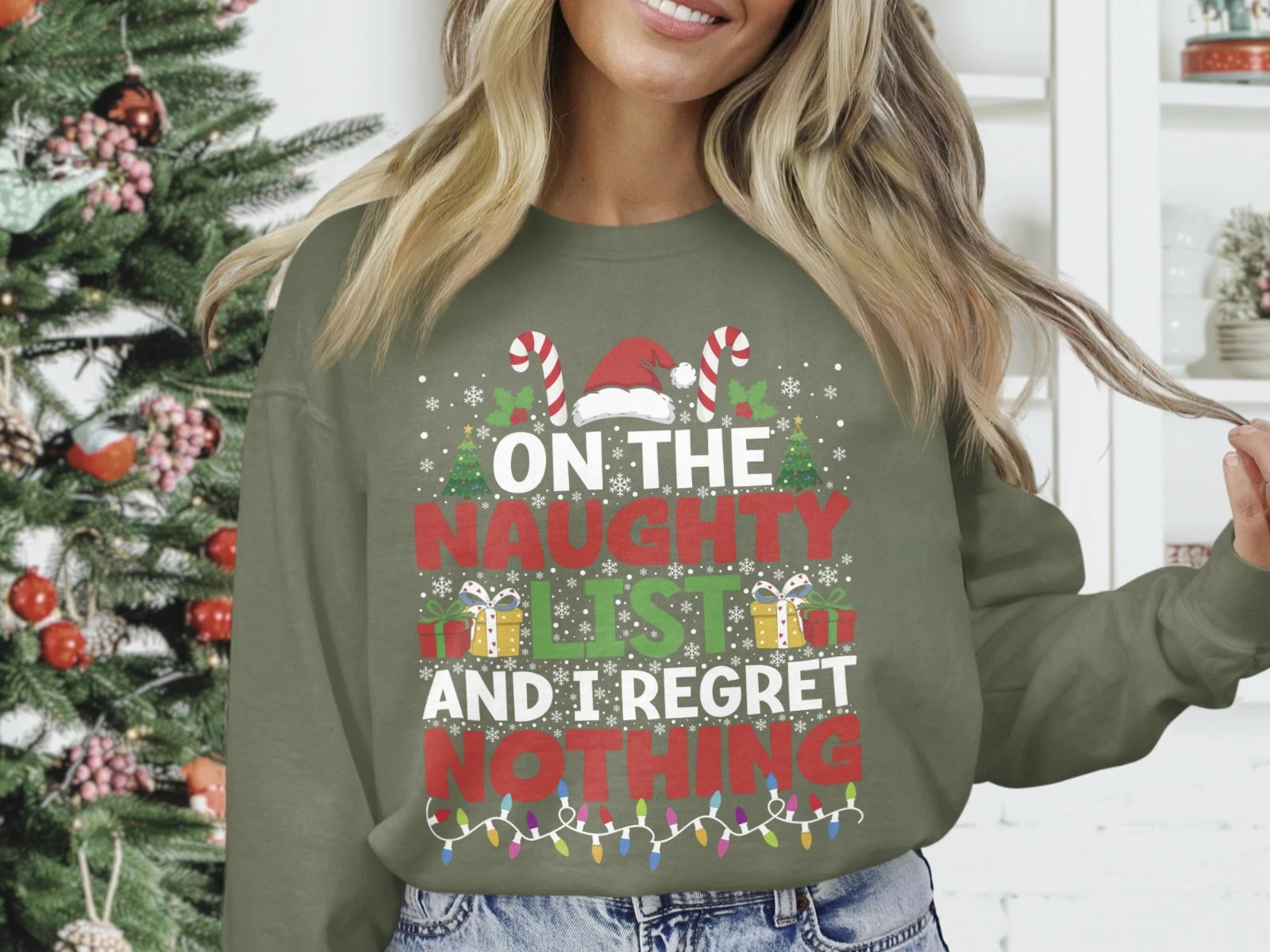 Naughty List Christmas Sweatshirt No Regrets Funny Gildan Heavy Blend