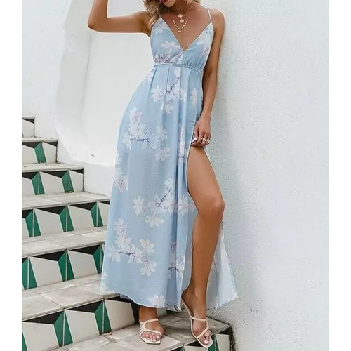 Simplee Women's Sexy Deep V Neck Backless Floral Print Split Maxi Party Dress M