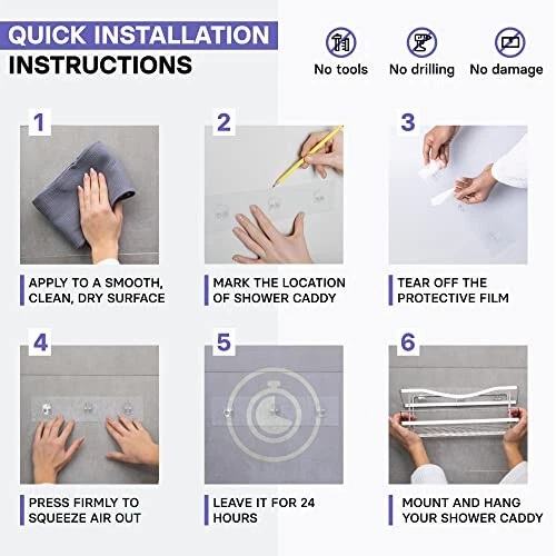 Carrito de Ducha KINCMAX Premium - Organizador de Ducha Autoadhesivo con 4 Ganchos, Taladro - Foto 4 de 4