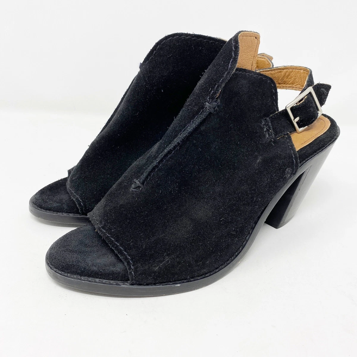 NEW Frye Black Suede COURTNEY Sling Back Sandals Block Heels US