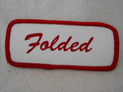 FOLDED  USED SILK SCREEN NAME PATCH TAG RED ON WHITE