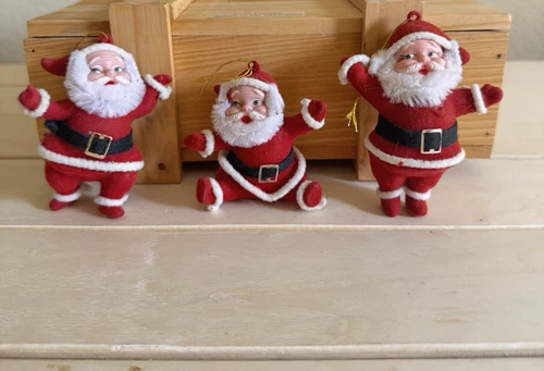 Lot Of 3 Vintage Red Flocked Plastic Santa Christmas Ornaments