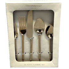 20 Piece Cynthia Rowley Gold Toned Flatware Set Service for 4 Thin Handle NEW