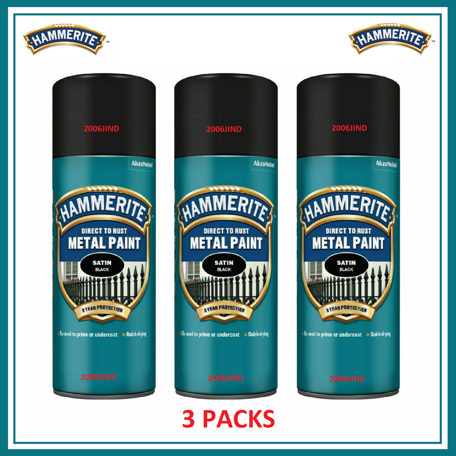 3x Hammerite Satin Black Metal Spray Paint 400ml Aerosol Tins