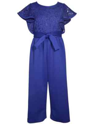 NWT Bonnie Jean Girls Size 7 Blue Jumpsuit Flutter Sleeve Sequins Lace